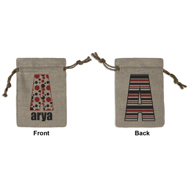 Custom Red & Black Dots & Stripes Small Burlap Gift Bag - Front & Back (Personalized)