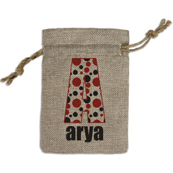 Red & Black Dots & Stripes Small Burlap Gift Bag - Front (Personalized)