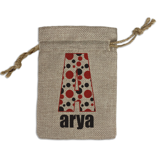 Custom Red & Black Dots & Stripes Small Burlap Gift Bag - Front (Personalized)