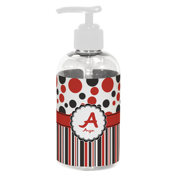 Custom Red & Black Dots & Stripes Plastic Soap / Lotion Dispenser (8 oz - Small - White) (Personalized)