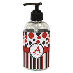 Red & Black Dots & Stripes Plastic Soap / Lotion Dispenser (8 oz - Small - Black) (Personalized)