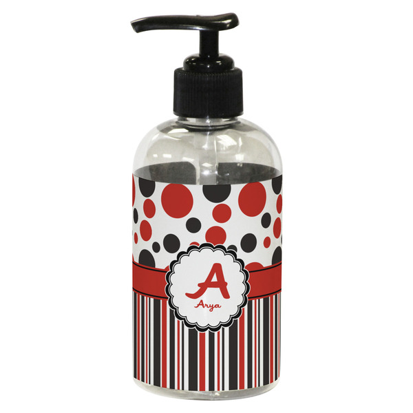 Custom Red & Black Dots & Stripes Plastic Soap / Lotion Dispenser (8 oz - Small - Black) (Personalized)