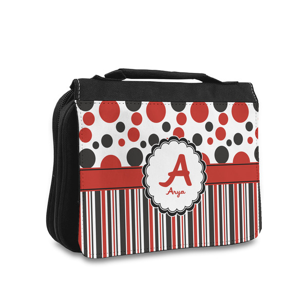Custom Red & Black Dots & Stripes Toiletry Bag - Small (Personalized)