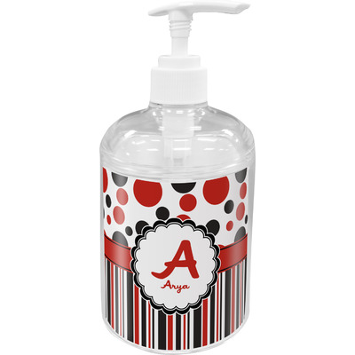 Red & Black Dots & Stripes Acrylic Soap & Lotion Bottle (Personalized)