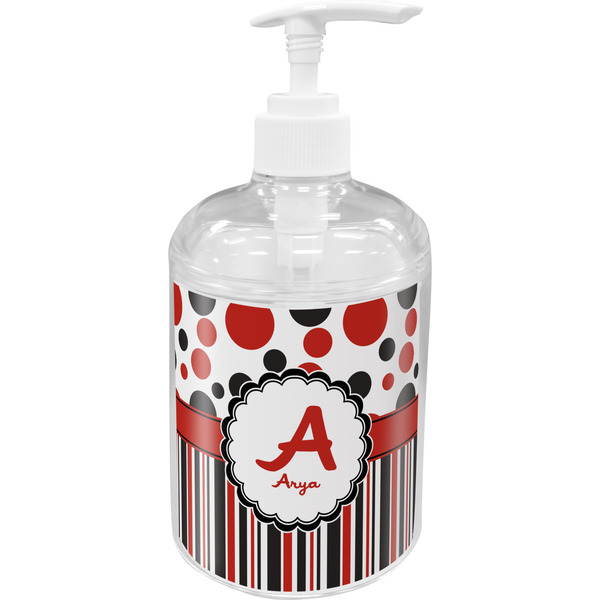 Custom Red & Black Dots & Stripes Acrylic Soap & Lotion Bottle (Personalized)