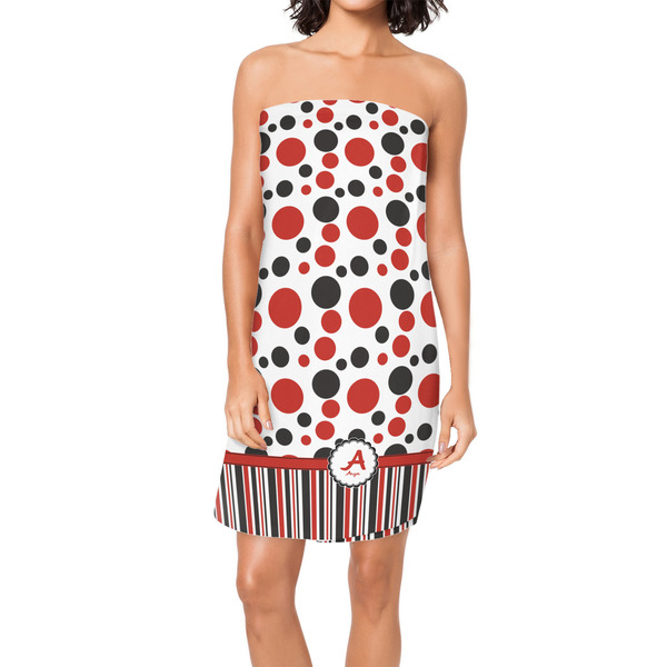 Custom Red & Black Dots & Stripes Spa / Bath Wrap w/ Name and Initial