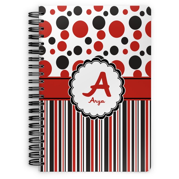 Custom Red & Black Dots & Stripes Spiral Notebook - 7x10 w/ Name and Initial