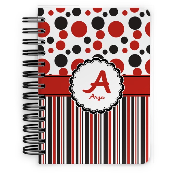 Custom Red & Black Dots & Stripes Spiral Notebook - 5x7 w/ Name and Initial