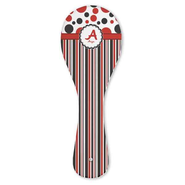 Custom Red & Black Dots & Stripes Ceramic Spoon Rest (Personalized)