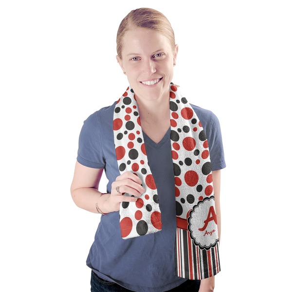 Red & Black Dots & Stripes Sport Towel - Exercise use - Model