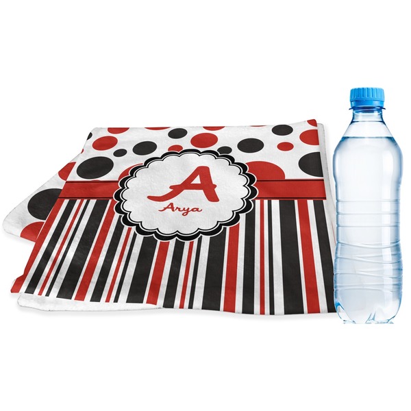 Custom Red & Black Dots & Stripes Sports & Fitness Towel (Personalized)