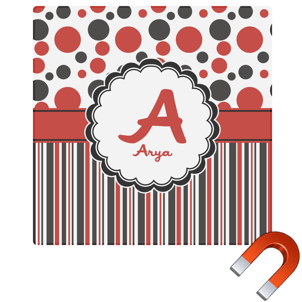 Custom Red & Black Dots & Stripes Square Car Magnet - 10" (Personalized)