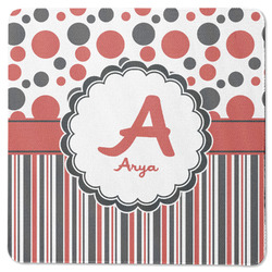 Red & Black Dots & Stripes Square Rubber Backed Coaster (Personalized)