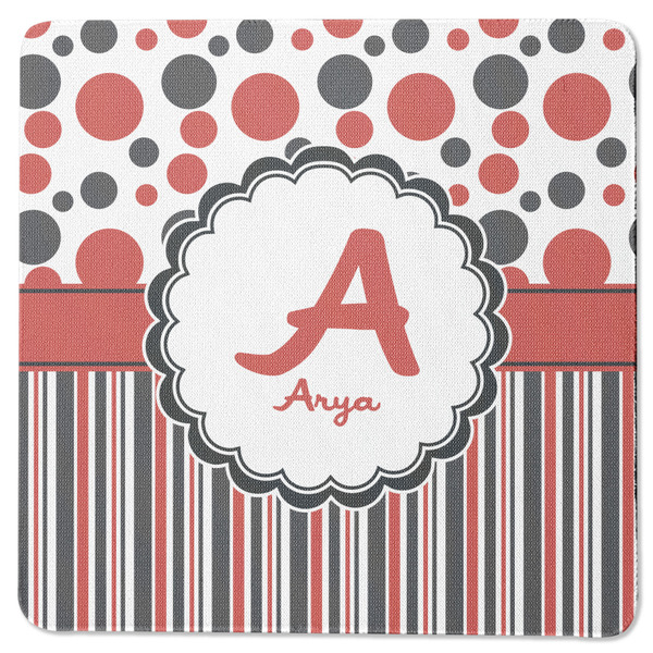 Custom Red & Black Dots & Stripes Square Rubber Backed Coaster (Personalized)