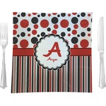 Red & Black Dots & Stripes 9.5" Glass Square Lunch / Dinner Plate- Single or Set of 4 (Personalized)