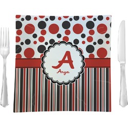 Red & Black Dots & Stripes Glass Square Lunch / Dinner Plate 9.5" (Personalized)