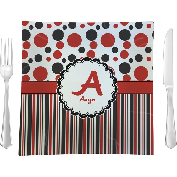 Custom Red & Black Dots & Stripes Glass Square Lunch / Dinner Plate 9.5" (Personalized)