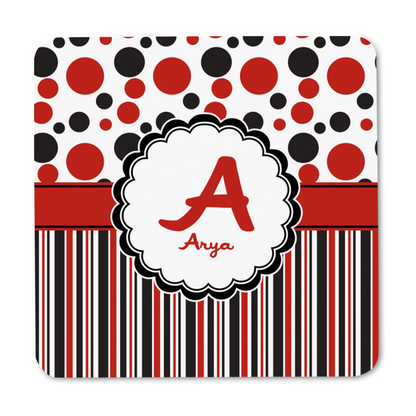 Red & Black Dots & Stripes Square Fridge Magnet - FRONT