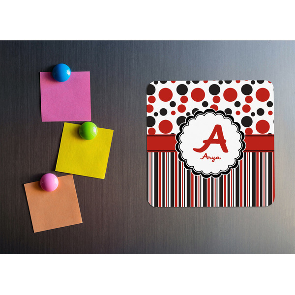Red & Black Dots & Stripes Square Fridge Magnet - LIFESTYLE