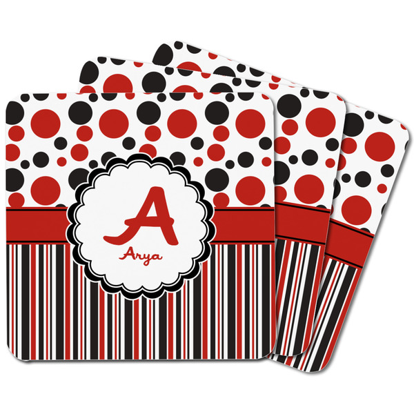 Red & Black Dots & Stripes Square Fridge Magnet - MAIN