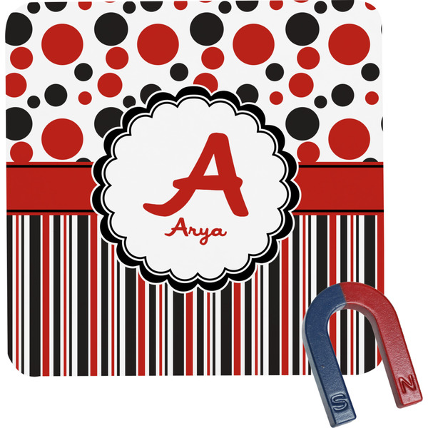 Custom Red & Black Dots & Stripes Square Fridge Magnet (Personalized)