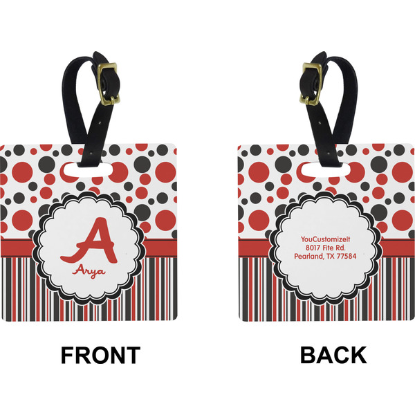 Red & Black Dots & Stripes Square Luggage Tag (Front + Back)