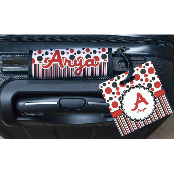 Red & Black Dots & Stripes Square Luggage Tag & Handle Wrap - In Context