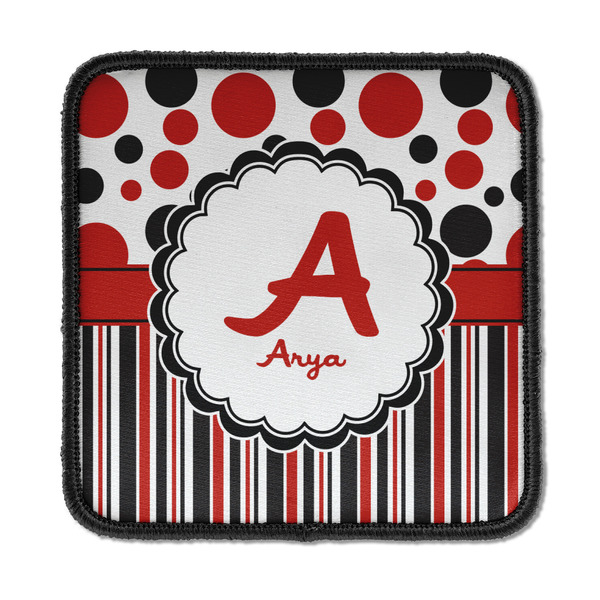 Custom Red & Black Dots & Stripes Iron On Square Patch w/ Name and Initial