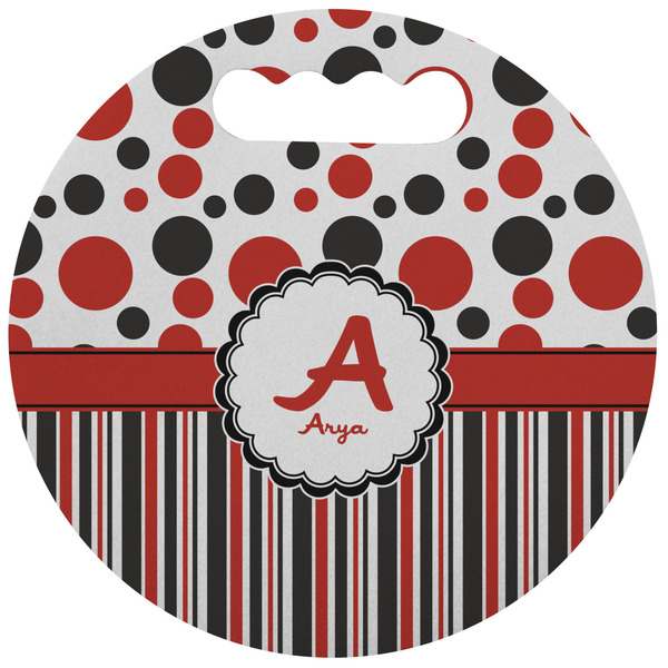 Custom Red & Black Dots & Stripes Stadium Cushion (Round) (Personalized)