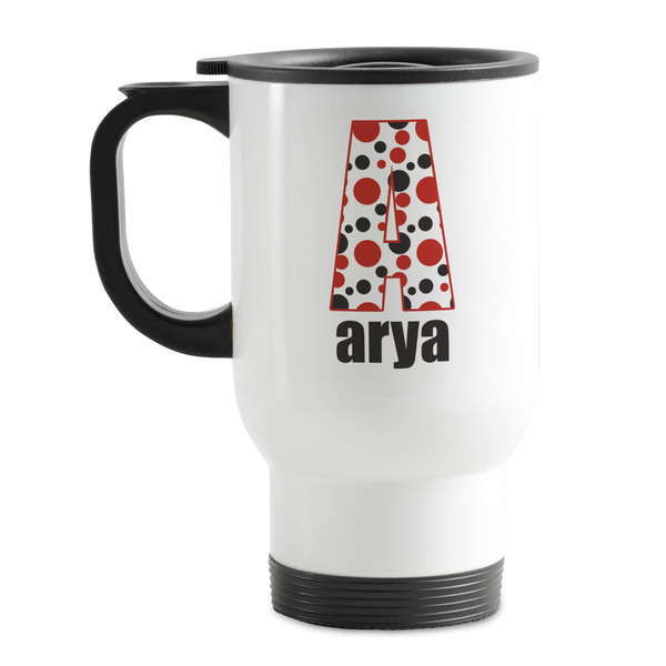 Custom Red & Black Dots & Stripes Stainless Steel Travel Mug with Handle