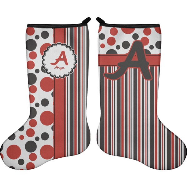 Custom Red & Black Dots & Stripes Holiday Stocking - Double-Sided - Neoprene (Personalized)