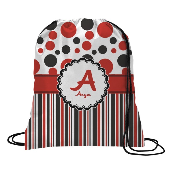 Custom Red & Black Dots & Stripes Drawstring Backpack - Medium (Personalized)