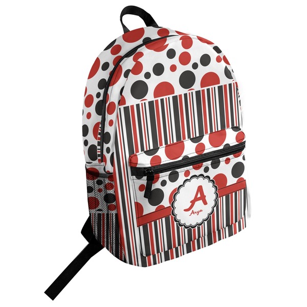 Custom Red & Black Dots & Stripes Student Backpack (Personalized)