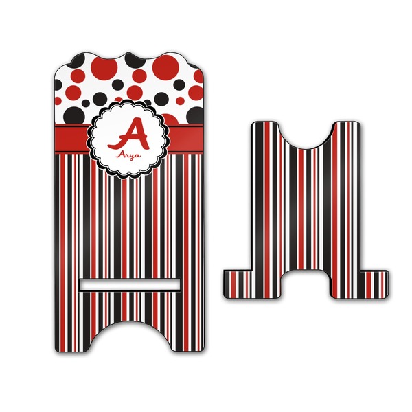 Red & Black Dots & Stripes Stylized Phone Stand - Front & Back - Large