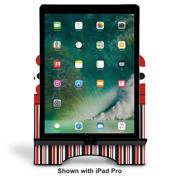 Red & Black Dots & Stripes Stylized Tablet Stand - Front with ipad