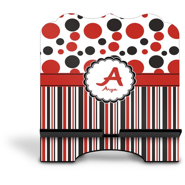 Red & Black Dots & Stripes Stylized Tablet Stand - Front without iPad