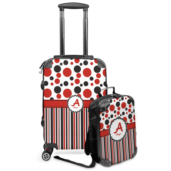 Custom Red & Black Dots & Stripes Kids 2-Piece Luggage Set - Suitcase & Backpack (Personalized)