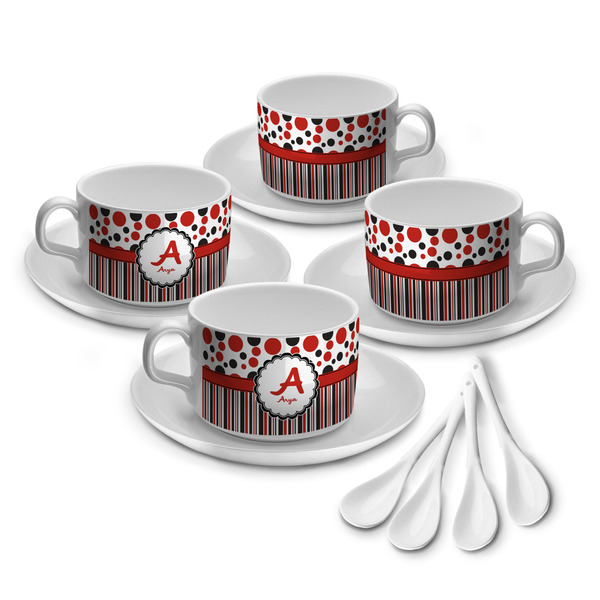 Custom Red & Black Dots & Stripes Tea Cup - Set of 4 (Personalized)