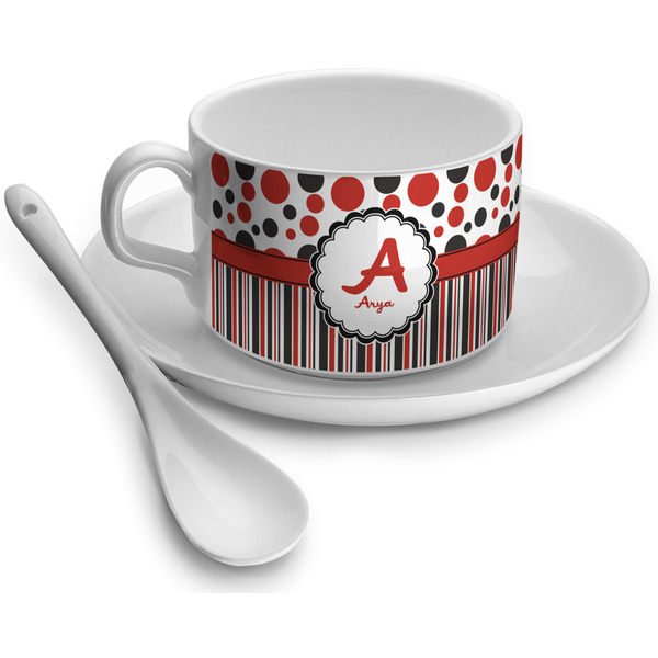 Custom Red & Black Dots & Stripes Tea Cup (Personalized)