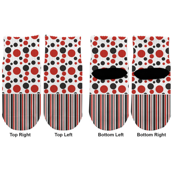 Red & Black Dots & Stripes Toddler Ankle Socks - Double Pair - Front and Back - Apvl
