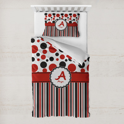Red & Black Dots & Stripes Toddler Bedding w/ Name and Initial