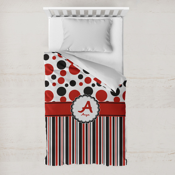 Custom Red & Black Dots & Stripes Toddler Duvet Cover w/ Name and Initial