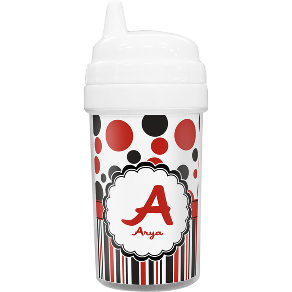 Custom Red & Black Dots & Stripes Toddler Sippy Cup (Personalized)
