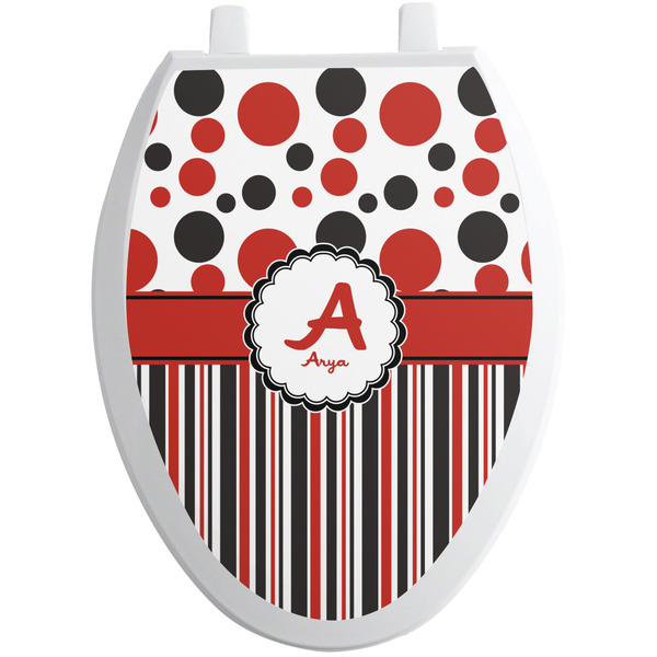 Custom Red & Black Dots & Stripes Toilet Seat Decal - Elongated (Personalized)