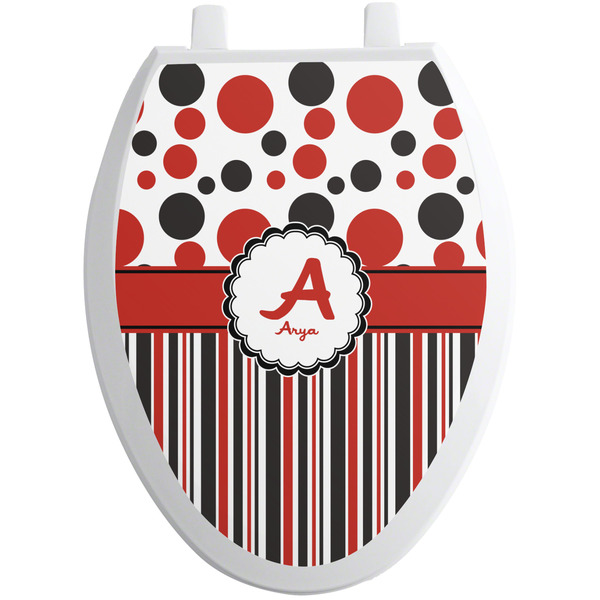 Red & Black Dots & Stripes Toilet Seat Decal (Personalized)