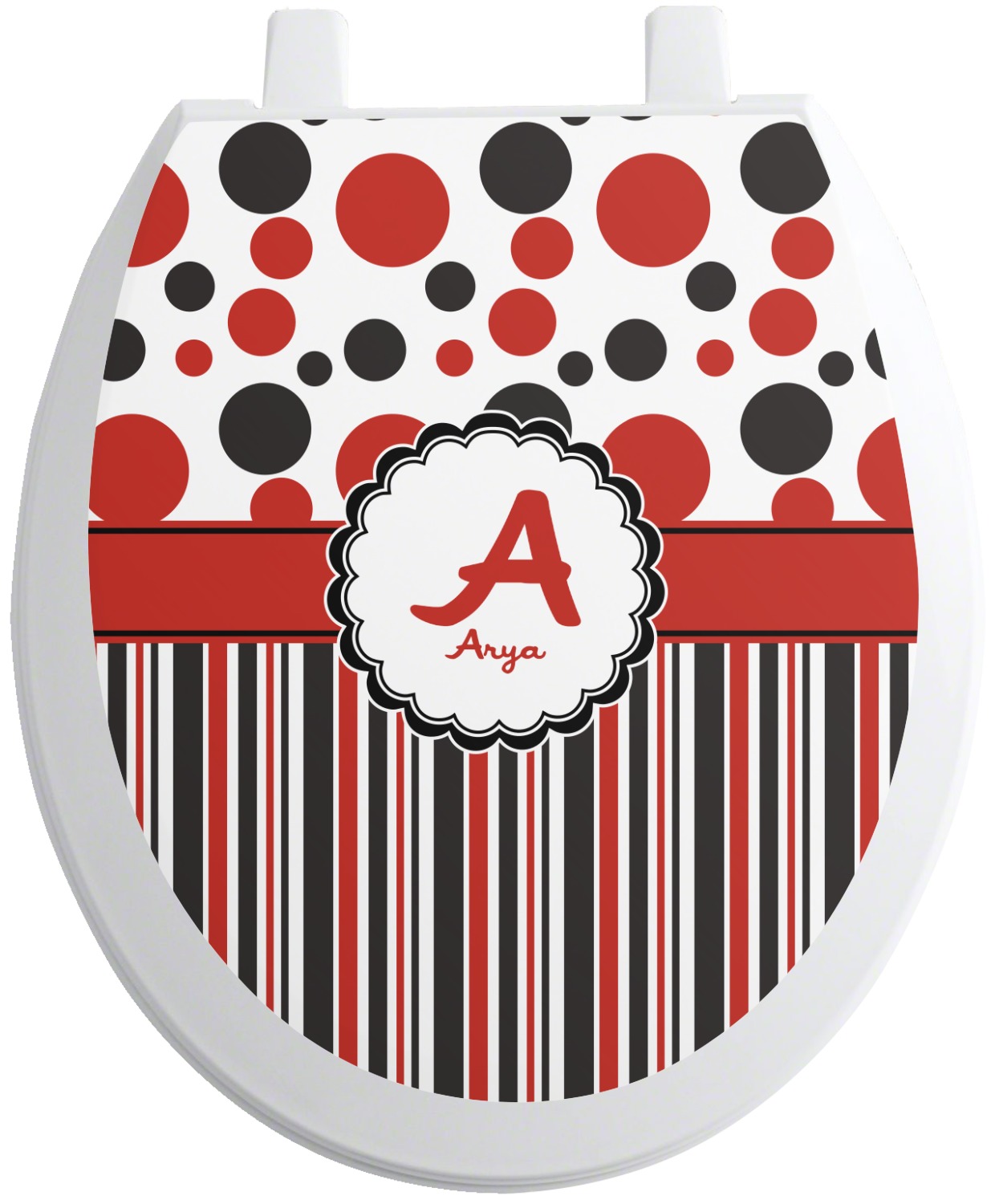 Red & Black Dots & Stripes Toilet Seat Decal Elongated (Personalized