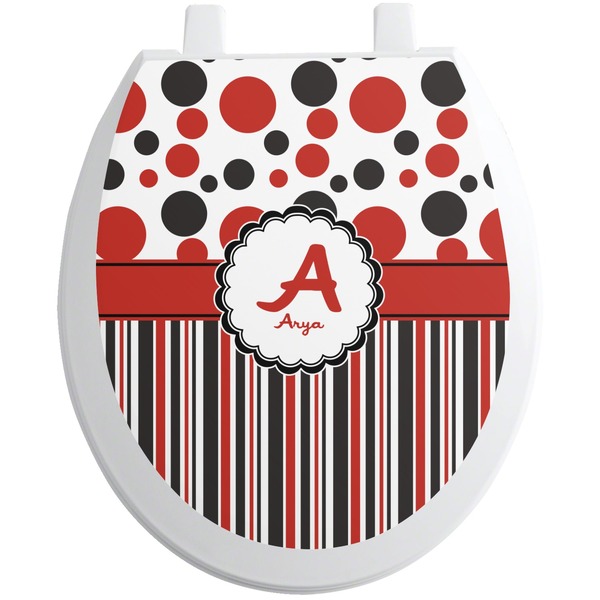 Custom Red & Black Dots & Stripes Toilet Seat Decal (Personalized)