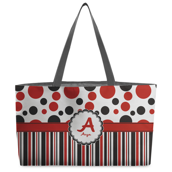 Custom Red & Black Dots & Stripes Beach Totes Bag - w/ Black Handles (Personalized)