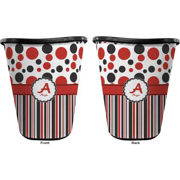 Red & Black Dots & Stripes Trash Can Black - Front and Back - Apvl
