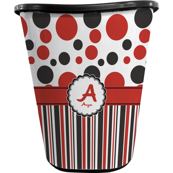 Custom Red & Black Dots & Stripes Waste Basket - Single Sided (Black) (Personalized)